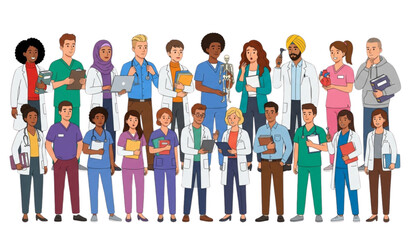 Obraz premium Diverse Medical College Students Standing Together Flat Vector Character Collection