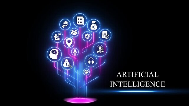Artificial intelligence concept with neon digital tree and business infographic animation machine learning
