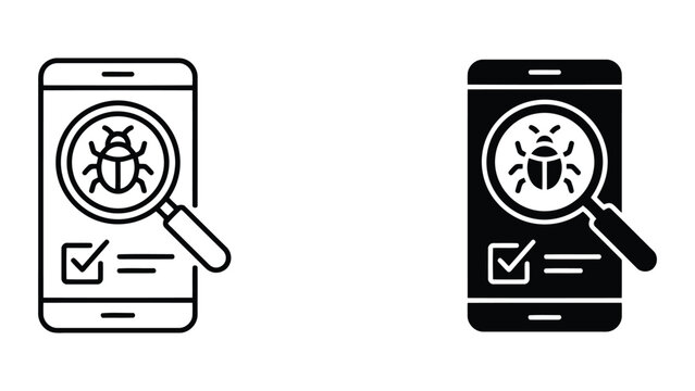 Mobile app software bug testing and debugging icon set with debugging, software