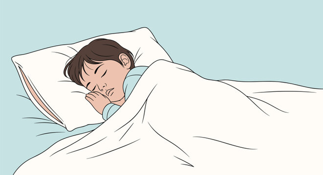 Small child sleeps peacefully in a soft bed tucked under a white blanket with eyes closed in a calm bedroom environment.
