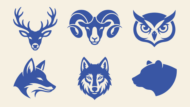 Vector animal head logo set featuring deer ram owl fox wolf and bear icons for branding and mascot design