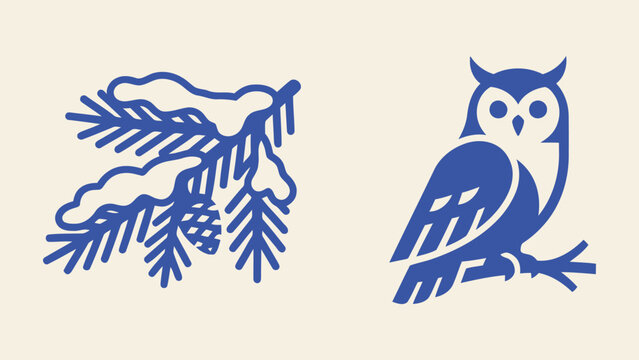 Minimalist vector illustration set of a snowy pine branch with pinecone and an owl perched on a tree limb