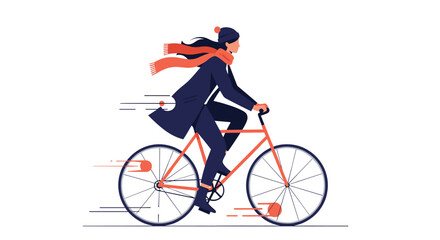 Obraz premium Active young businesswoman wearing a warm coat and orange scarf rides her bicycle quickly through the city streets.