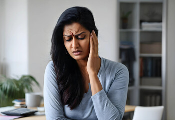 Fototapeta premium Frustrated woman holding head in office space