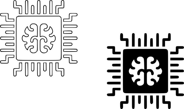 Artificial intelligence AI microchip processor graphic template featuring bold black glyph and linear outline styles of a CPU integrated with a human brain circuit.