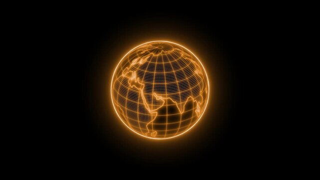 Glowing wireframe globe of the earth on a black background, showing a digital world map and global connection concept animation