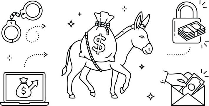 Money mule concept vector illustration showing financial crime money laundering illegal cash fraud and bribery icons