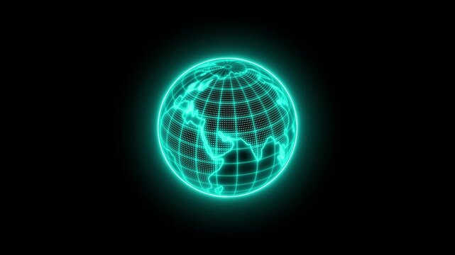 Glowing wireframe globe of the earth on a black background, showing a digital world map and global connection concept animation