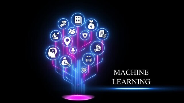 Machine learning concept with neon digital tree and business infographic animation artificial intelligence