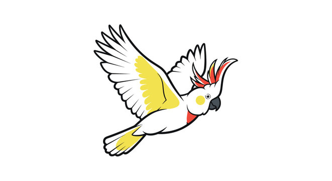 Flying cockatoo parrot with white feathers and yellow crest cartoon vector illustration on white background.