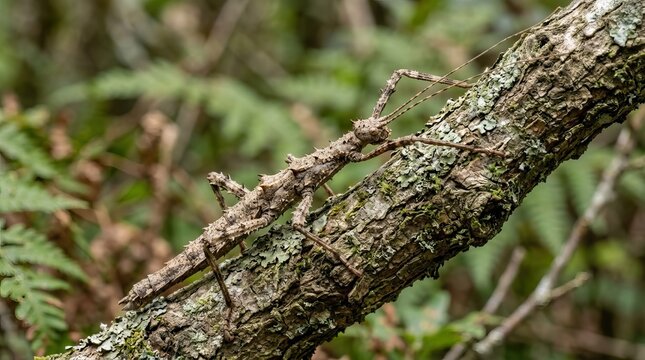 Stick insect camouflaged on tree branch in forest