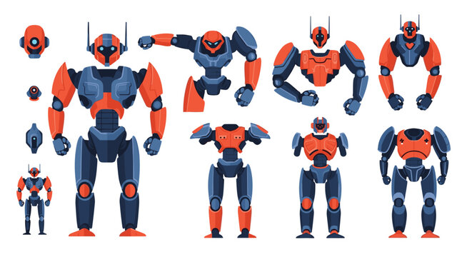 Futuristic robot character constructor set with various mechanical body parts vector flat illustration.