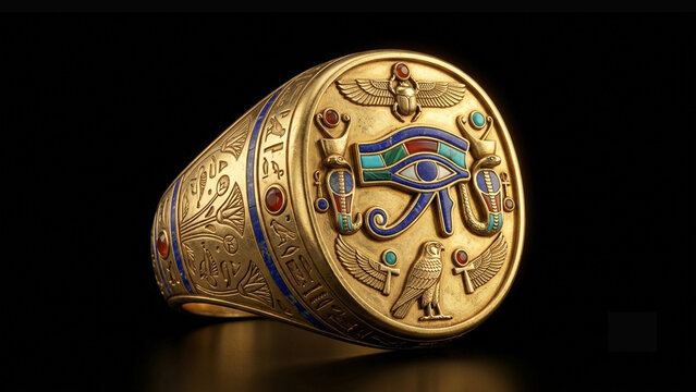 Ancient Egyptian gold oval signet ring with eye of horus and falcon isolated on black background, Luxury pharaoh golden ring engraved with hieroglyphics, winged scarab and cobra symbols.