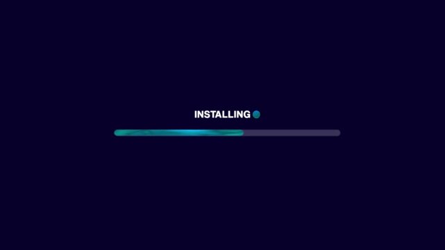 installation progress bar animation with ai style. Cyan glowing progress bar of installing packages on a dark background