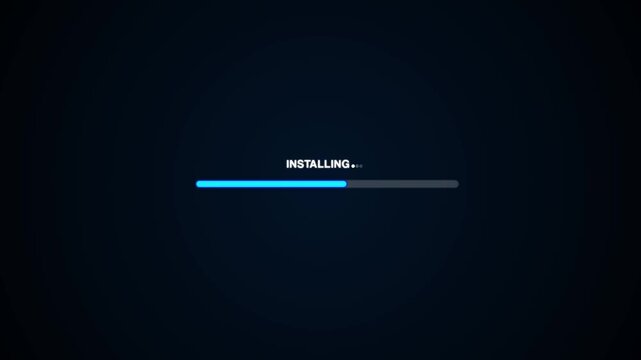 Futuristic Blue Loading Bar Animation on Dark Background. Installing progress bar animation with blue glowing light effect on a dark background