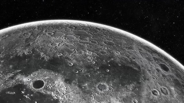 Detailed grayscale view of a cratered moon surface against a dark starry space background