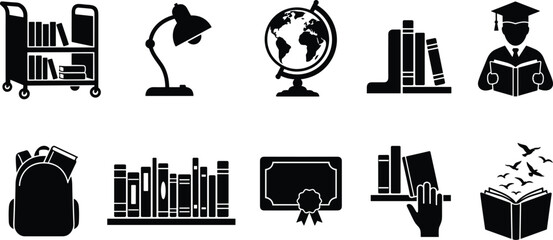 library and school education black silhouette icon set vector illustration featuring book cart desk lamp globe bookshelves student diploma and backpack  © MstMonjila