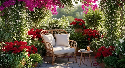 Fototapeta premium A serene and vibrant garden patio featuring a comfortable wicker chair surrounded by an abundance of colorful pink and red bougainvillea and lush green foliage.