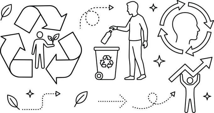 Recycling and waste management line icon set showing sustainable behavior green lifestyle eco growth vector illustration