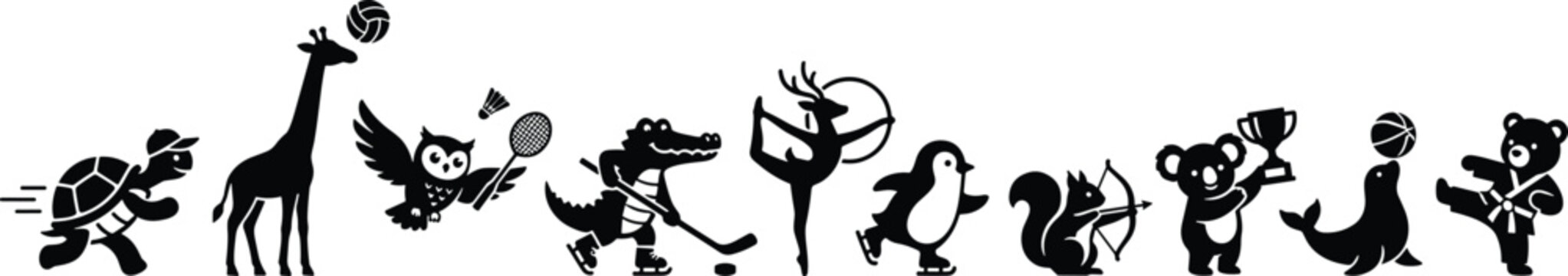 cute black and white vector silhouette icon set of animals playing various sports including running turtle basketball giraffe badminton owl and soccer seal
