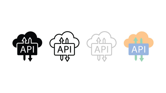 Four API application programming interface icons with cloud and arrows on white background