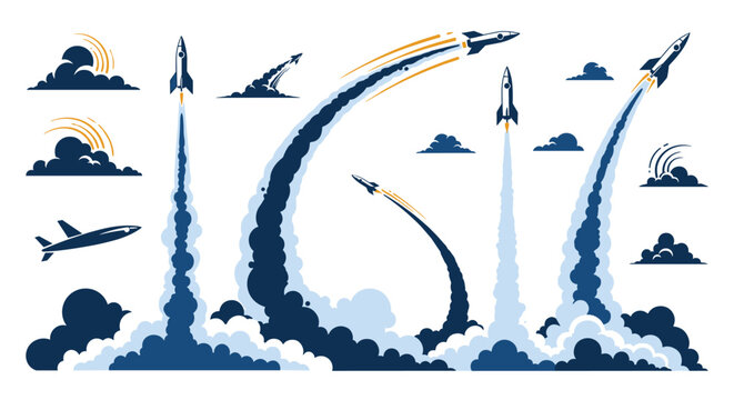 Set of stylized cosmic rocket ship launches with massive billowing smoke trails and clouds, isolated on a white background.
