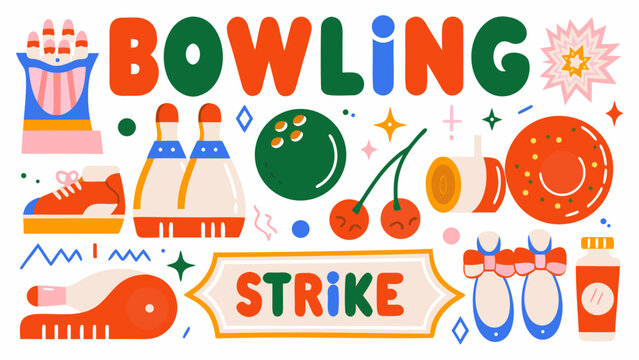 Bowling pins ball and shoe illustration in a colorful playful vector style with decorative elements strike pinfall