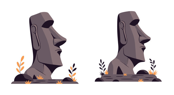 Stylized vector illustration of two Moai stone statues from Easter Island with minimal plants on a white background.