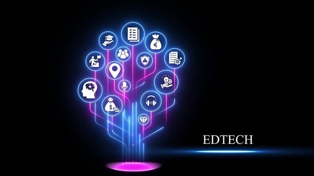 Ed tech digital concept with glowing neon and network tree for online learning and education technology