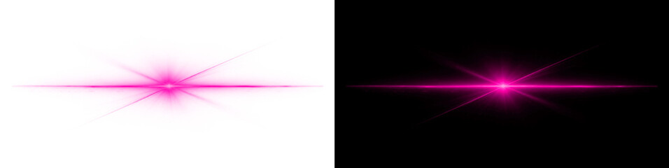 Magenta pink horizontal lens flare featuring intense glowing center point with soft streaks on transparent and dark background for creative designs. © Design_Tree1
