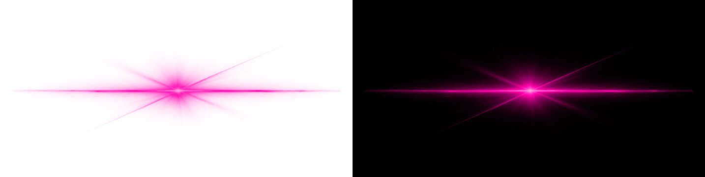 Magenta pink horizontal lens flare featuring intense glowing center point with soft streaks on transparent and dark background for creative designs.
