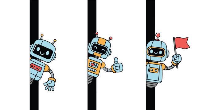 Set of three panels featuring a cute cartoon robot peeking out from behind a vertical wall in various poses.