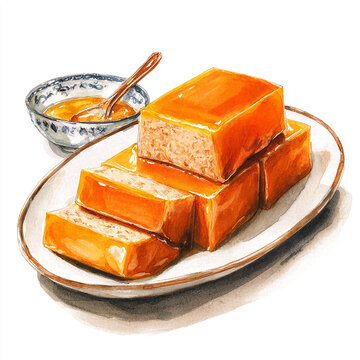 Watercolor illustration of stacked golden nian gao slices on a plate with dipping sauce