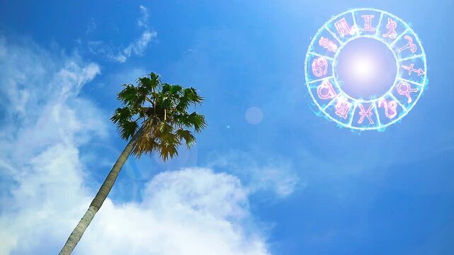 sun and flare with twelwe of  zodiac sign bolt effect border rotate and white cloud on the sky on the midday over coconut tree