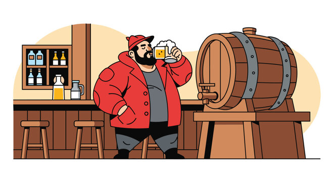 Giant lumberjack style man drinking a cold pint of foaming draft beer next to a wooden barrel at the local tavern bar.