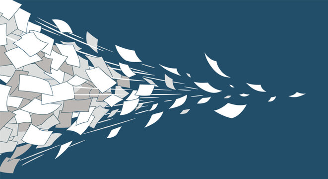 Dynamic vector illustration of a messy group of white sheets of paper flying away in a wind gust on a dark blue background.