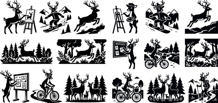 Collection of whimsical deer characters performing various leisure and outdoor activities