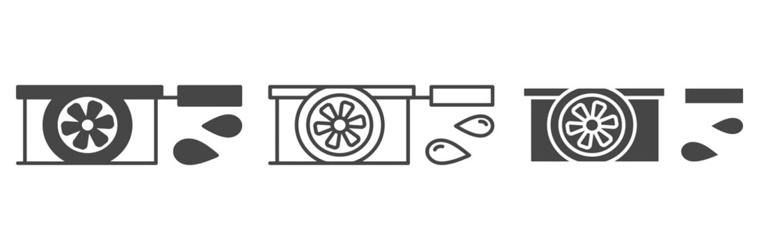 WebAir conditioner outdoor unit icon set with water drops. AC condenser leak, cooling fan repair, HVAC maintenance, climate control ventilation symbol vector illustration isolated on white background.