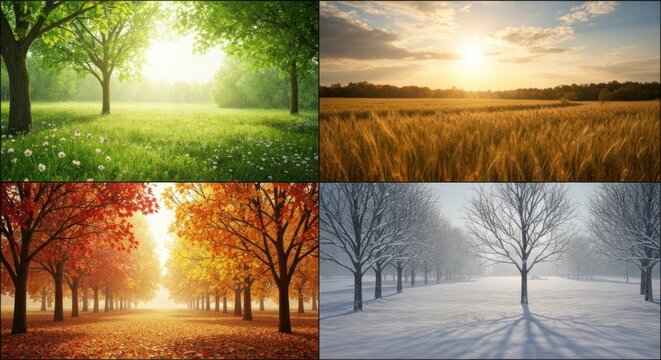 Seasonal landscape photography collage with trees.