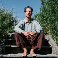 Obraz premium Young man meditating outdoors on wooden steps in green garden for mindfulness background and wellness poster design