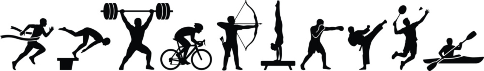 summer sports athletes silhouette collection vector illustration featuring runner swimmer weightlifter cyclist archer gymnast boxer karate fighter tennis player and kayaker  © MstMonjila
