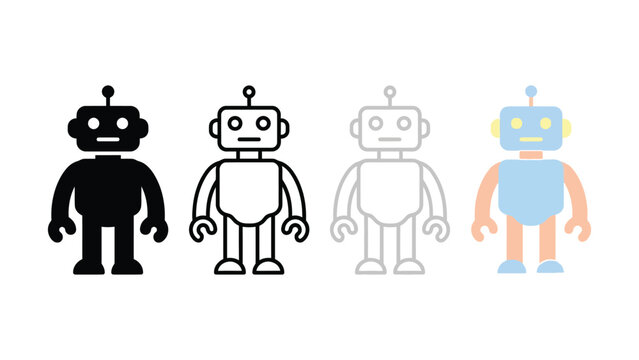 Four cute cartoon robots standing in a row with different colors and designs  simple characters