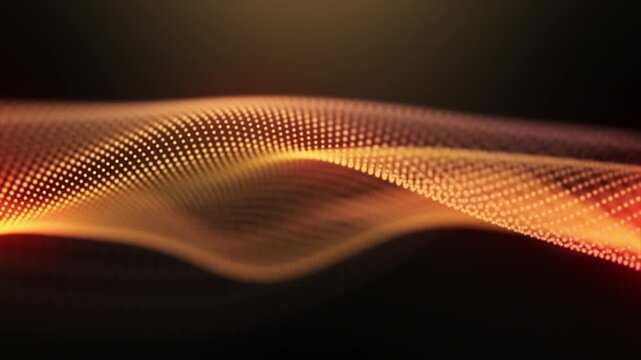 Abstract flowing digital wave animation with glowing orange particles.