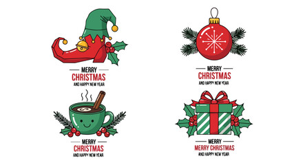 Fototapeta premium Set of four vintage Christmas badges with festive icons and seasonal text.