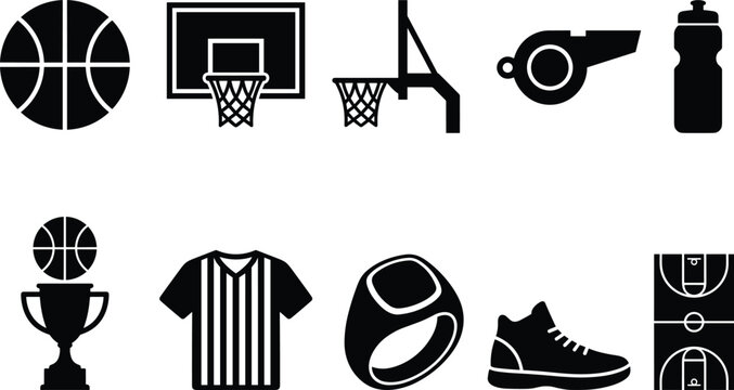 basketball sport solid glyph icon set vector illustration featuring ball hoop whistle water bottle championship trophy referee jersey ring sneaker and court layout

