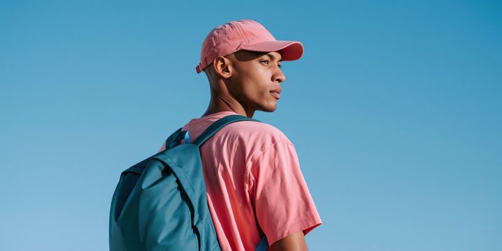 Young man in pink cap and teal backpack against clear blue sky background for lifestyle banner and outdoor poster design