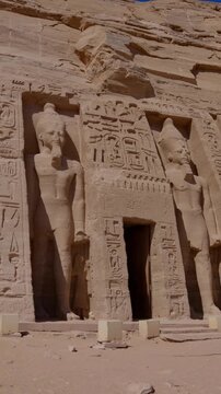 Temple of Nefertari next to the temple of Abu Simbel temple of Pharaoh Ramses II in southern Egypt in Nubia next to Lake Nasser.