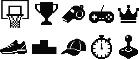black silhouette pixel art sports and gaming icon set vector illustration featuring basketball hoop trophy whistle gamepad crown sneaker podium cap stopwatch and joystick  © MstMonjila