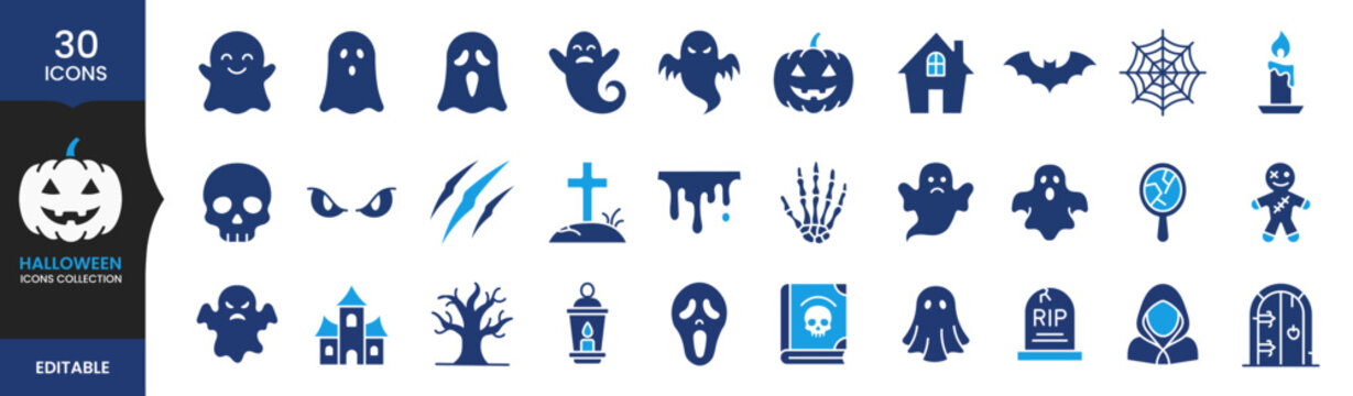Halloween Icons Set, Halloween Icon Pack, Spooky Ghost Pumpkin Skull Bat Haunted House Vector, Horror Flat Glyph Symbols Collection, Editable Halloween Clipart Bundle