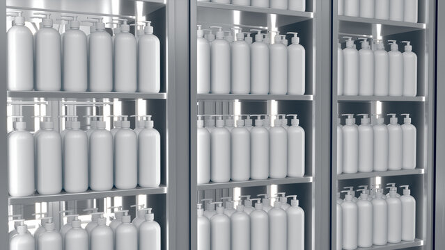 Close-up of display case shelves with white plastic cosmetic bottles with pump dispenser. 3d illustration